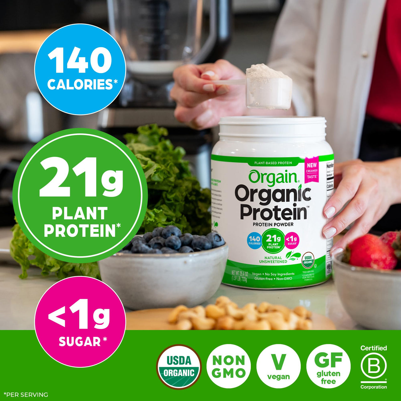 Orgain Organic Vegan Protein Powder, Natural Unsweetened - 21g of Unflavored Plant Protein, 4g Prebiotic Fiber, Low Net Carbs, No Added Sugar, Non-GMO, For Shakes & Recipes, 1.59 lb