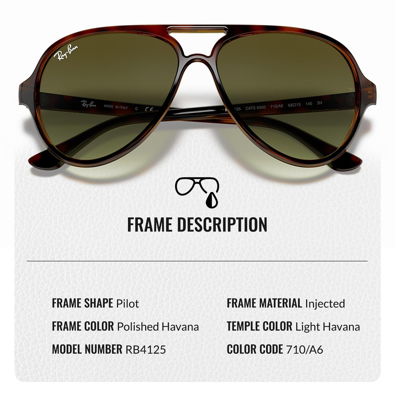 Ray-Ban RB4125 CATS 5000 CLASSIC Pilot Shaped Non-Polarized Sunglasses for Men – Includes Official RAYBAN Eyewear Kit – Ideal Formal & Casual Wear Sunglasses – Green Gradient Lens