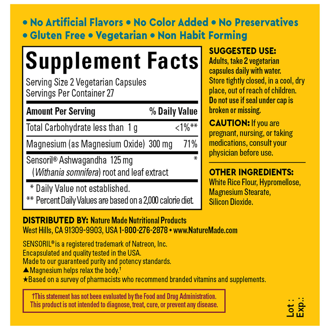 Nature Made Wellblends Calm & Relax, Ashwagandha 125mg, Magnesium 300 mg, 54 Vegetarian Capsules