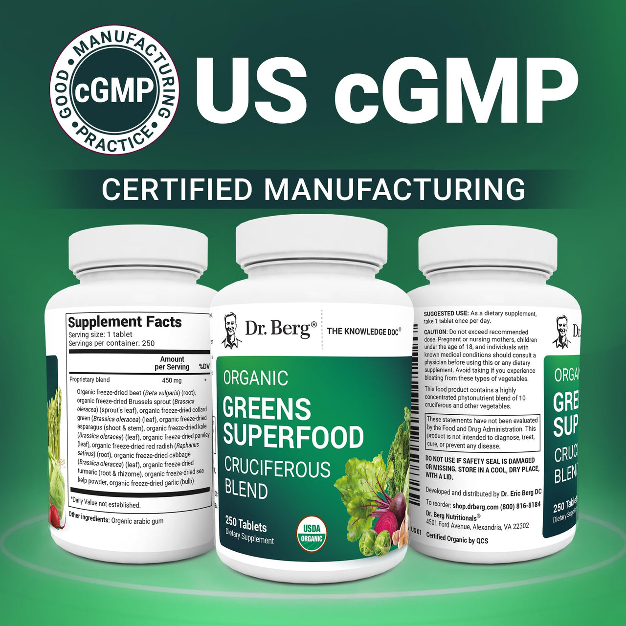 Dr. Berg's Greens Superfood Cruciferous Vegetable Tablets - Vegetable Supplements for Adults w/ 11 Phytonutrient Super Greens Tablets - Energy, Immune System & Liver Veggie Tablets - 250 Tablets