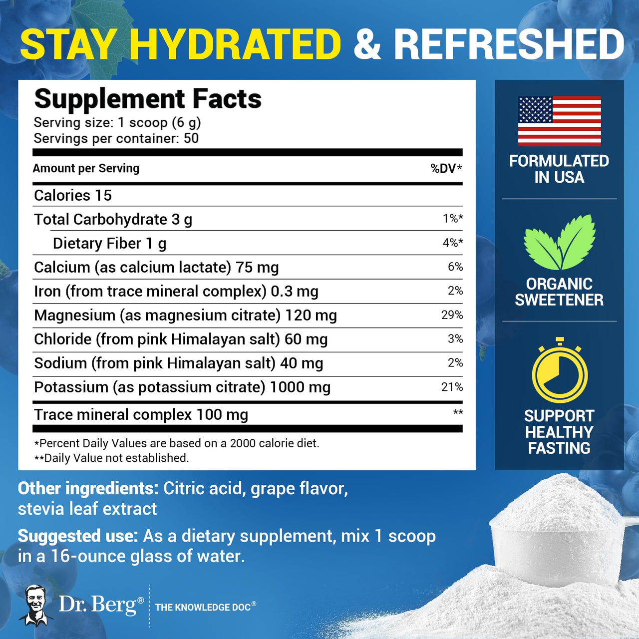 Dr. Berg Zero Sugar Hydration Keto Electrolyte Powder - Enhanced w/ 1000 mg of Potassium & Real Pink Himalayan Salt (NOT Table Salt) - Grape Flavor Hydration Drink Mix Supplement - 50 Servings