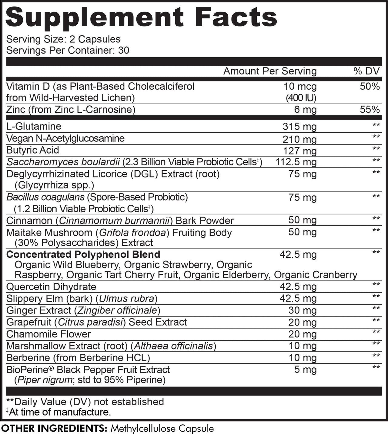 Codeage Leaky Gut, L-Glutamine for Gut Health Support, N-Acetylglucosamine Supplement, Probiotic, Butyric Acid, Polyphenols, Quercetin, DGL, Berberine, BioPerine, Cinnamon, Vegan, Non-GMO - 2 Pack