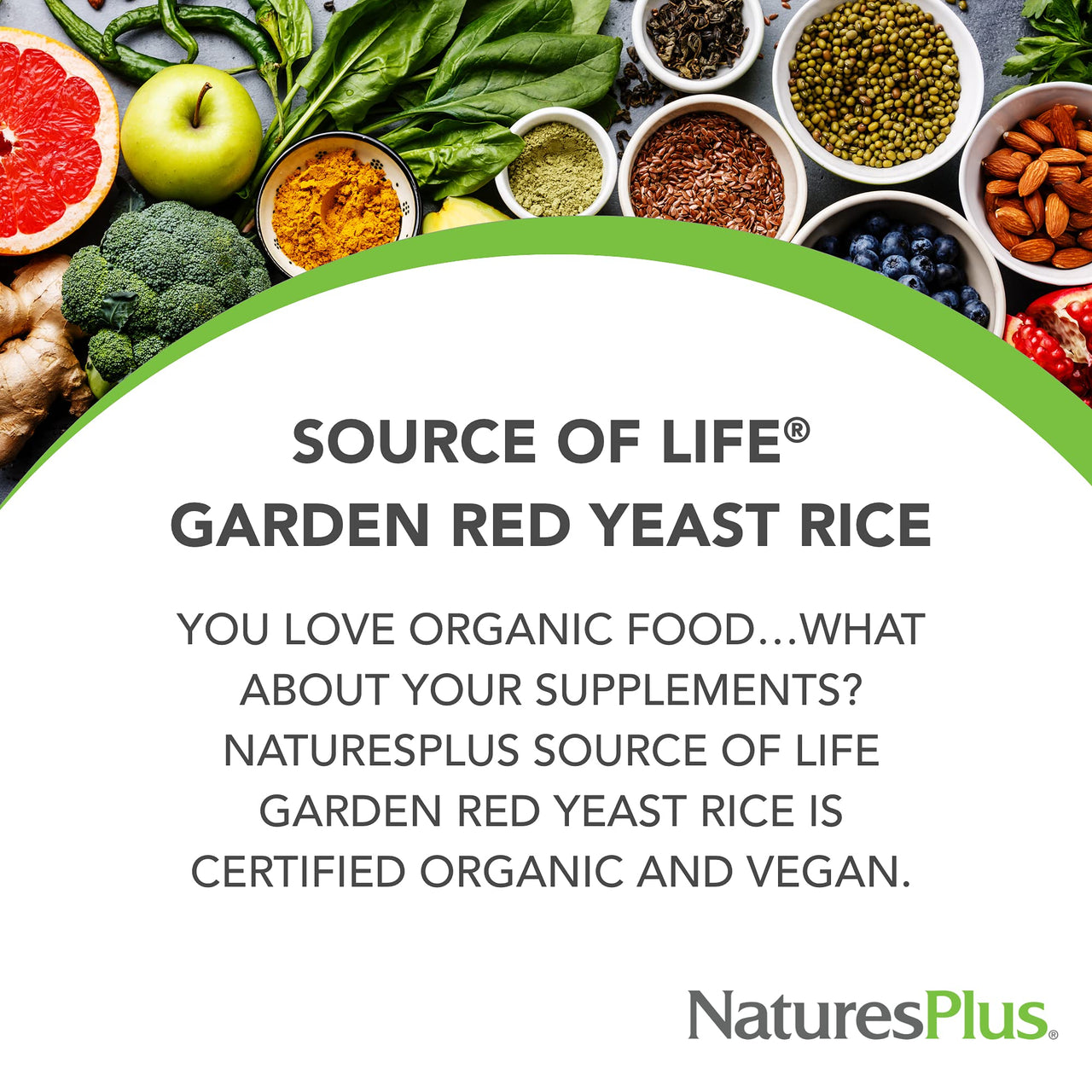 NaturesPlus Source of Life Garden Red Yeast Rice - 60 Capsules - Nutritional and Digestive Support - USDA Certified Organic, Non-GMO, Vegan, Gluten Free - 60 Servings