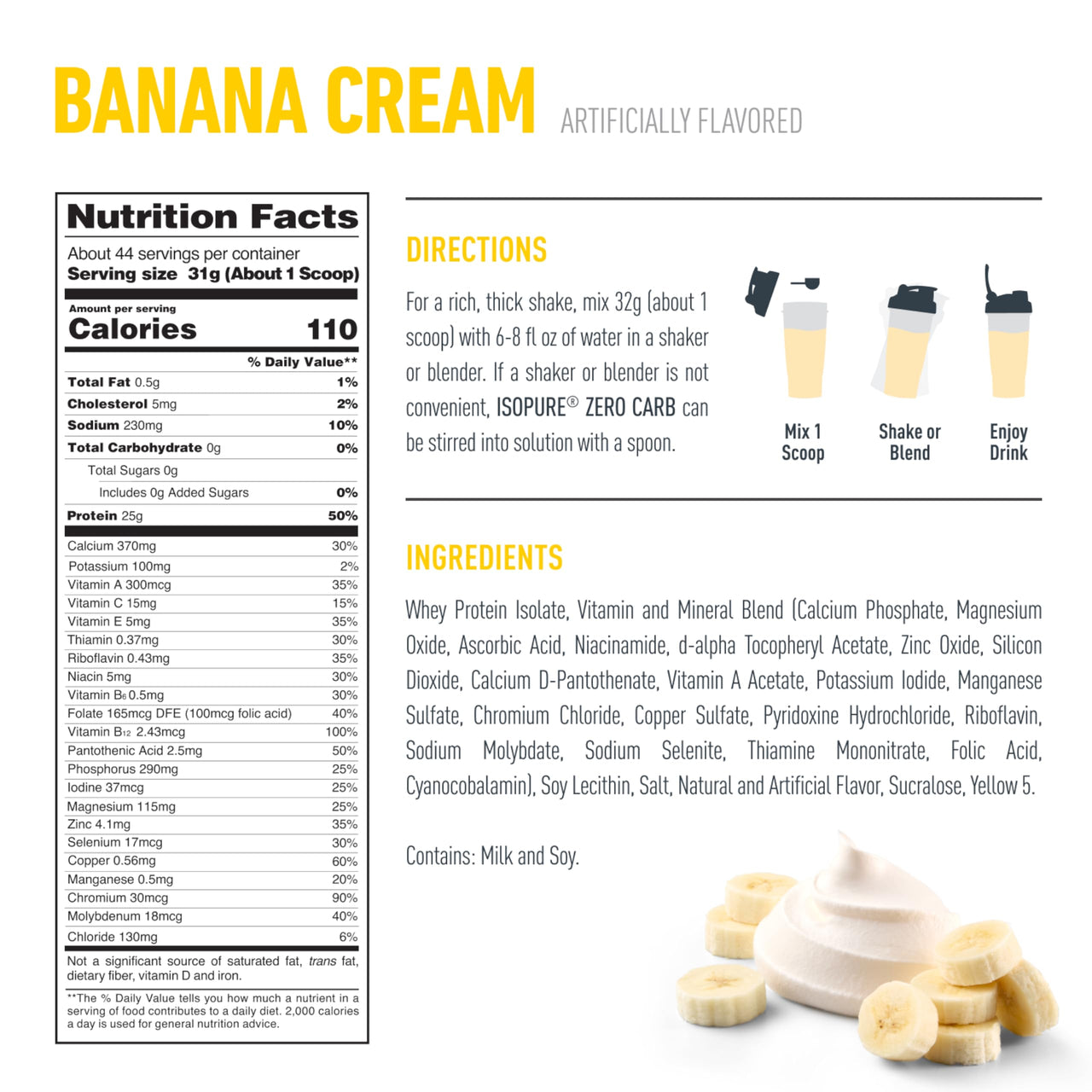 Isopure Zero Carb 100% Pure Whey Isolate Protein Powder, Gluten Free, With Vitamins, Banana Cream, 25g Protein Per Serving, 3 Lbs, 44 Servings (Packaging May Vary)