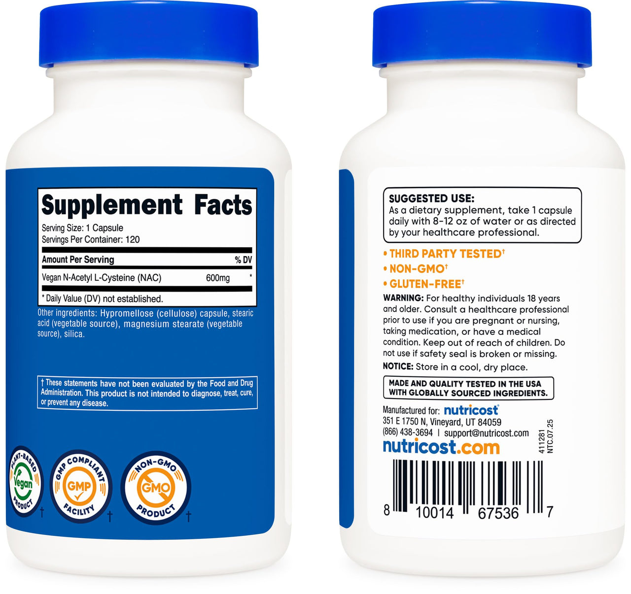 Nutricost N-Acetyl L-Cysteine (NAC) 600mg, 120 Vegetarian Capsules - Non-GMO, Gluten Free, Vegetarian Caps