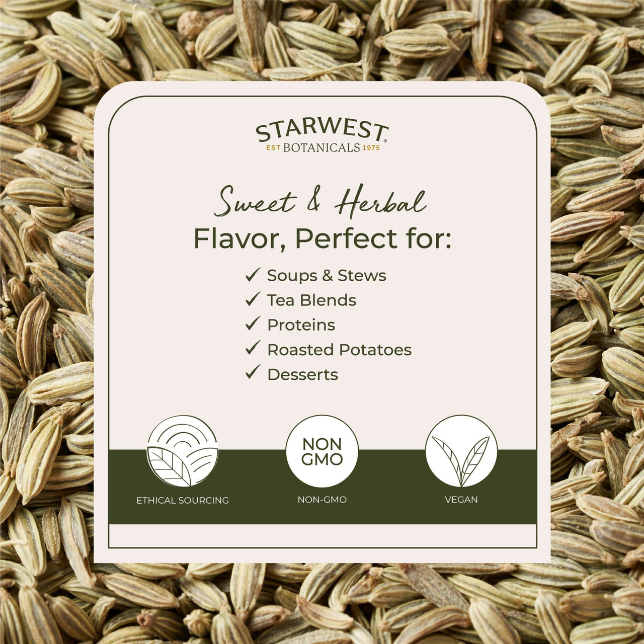 Starwest Botanicals Organic Fennel Seed - Dried Spice for Seasoning, Baking, Cooking, & Tea, Natural Digestion Support, Certified Kosher, Non-GMO - Bulk 1 lb Bag