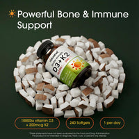Thumbnail for NatureBell Vitamin Double Strength D3 + K2-240 Softgels - 10,000 IU Vitamin D & 200mcg K2 - Bone Strength, Immune Function & Calcium Absorption Support* - Coconut Oil Infused