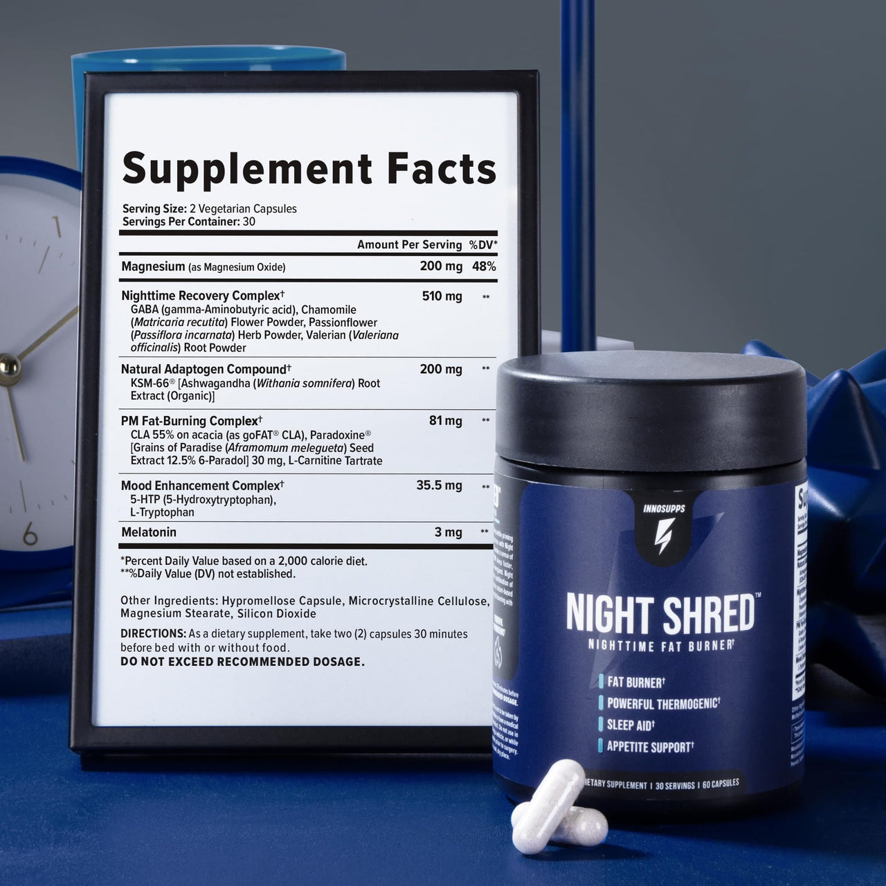 InnoSupps Night Shred Fat Burner and Natural Sleep Support | Ashwaganda, 5-HTP, CLA, Melatonin | Appetite Suppressant | Weight Loss Support Nighttime Fat Burning (60 Vegetarian Capsules)
