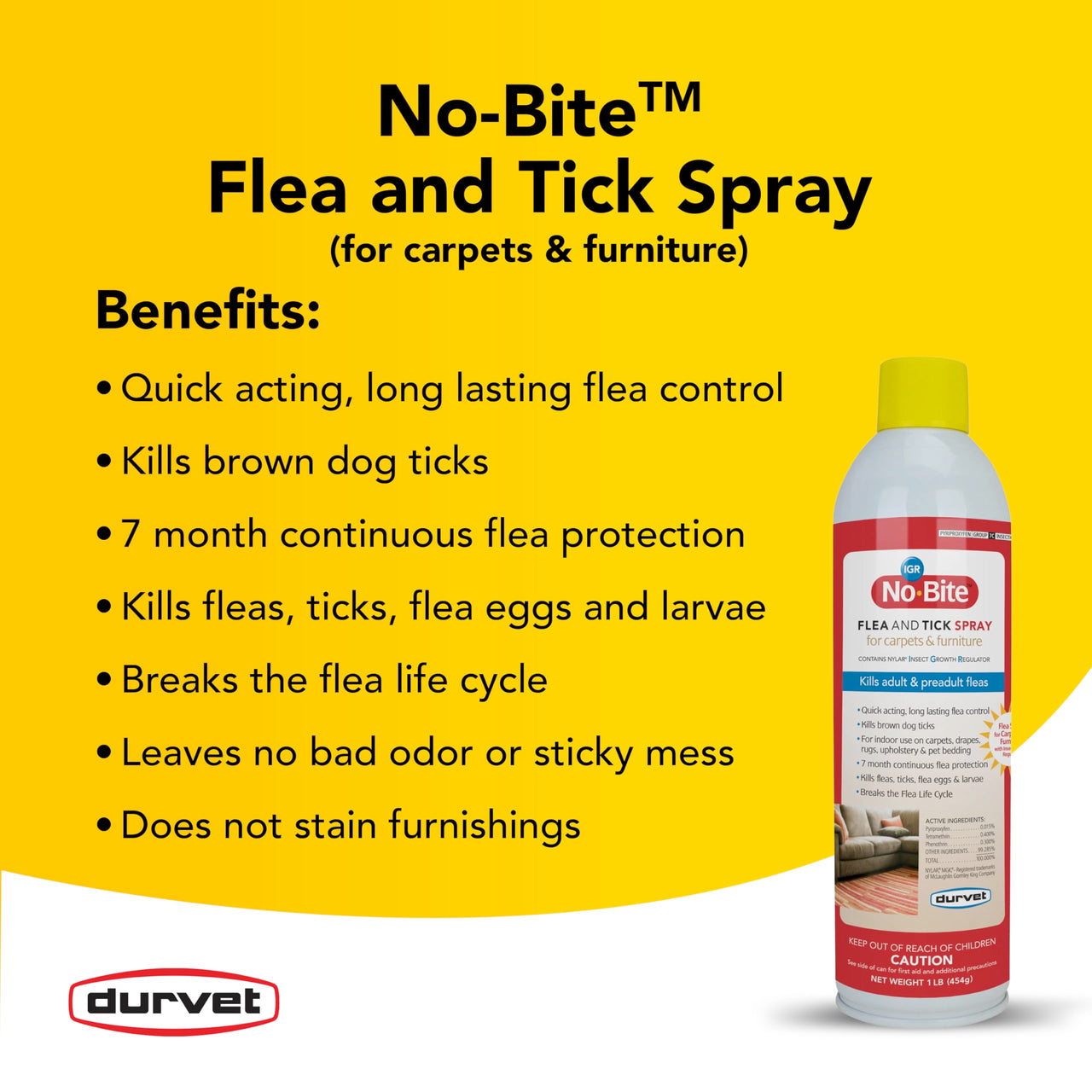Durvet No Bite IGR Flea and Tick Spray, 16 Ounces, for Carpets and Furniture