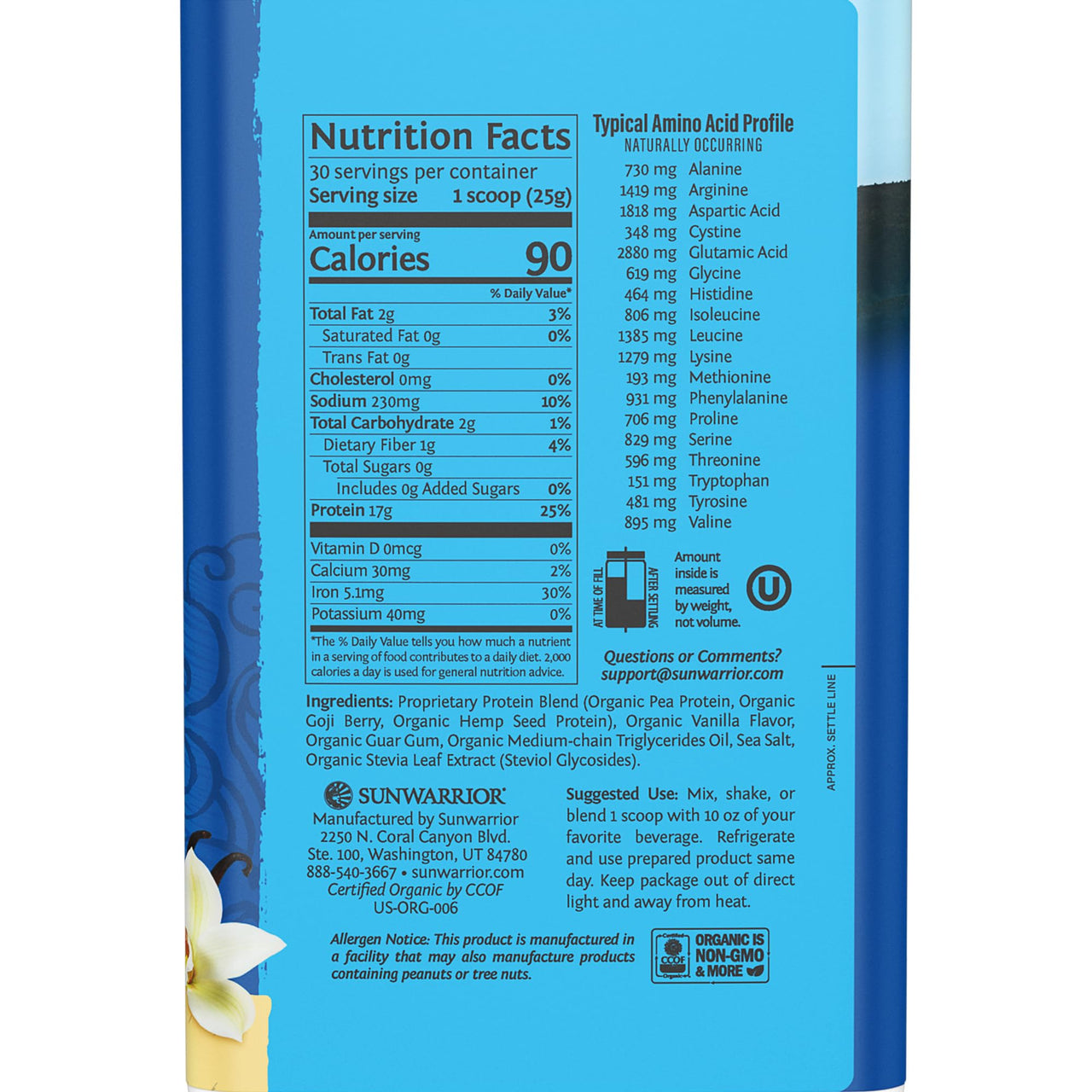 Sunwarrior Vegan Protein Powder Organic Plant-Based Protein | BCAA Amino Acids Hemp Seed Plant Protein | Soy Free Dairy Free Gluten Free Synthetic Free Non-GMO | Vanilla 30 Servings | Warrior Blend