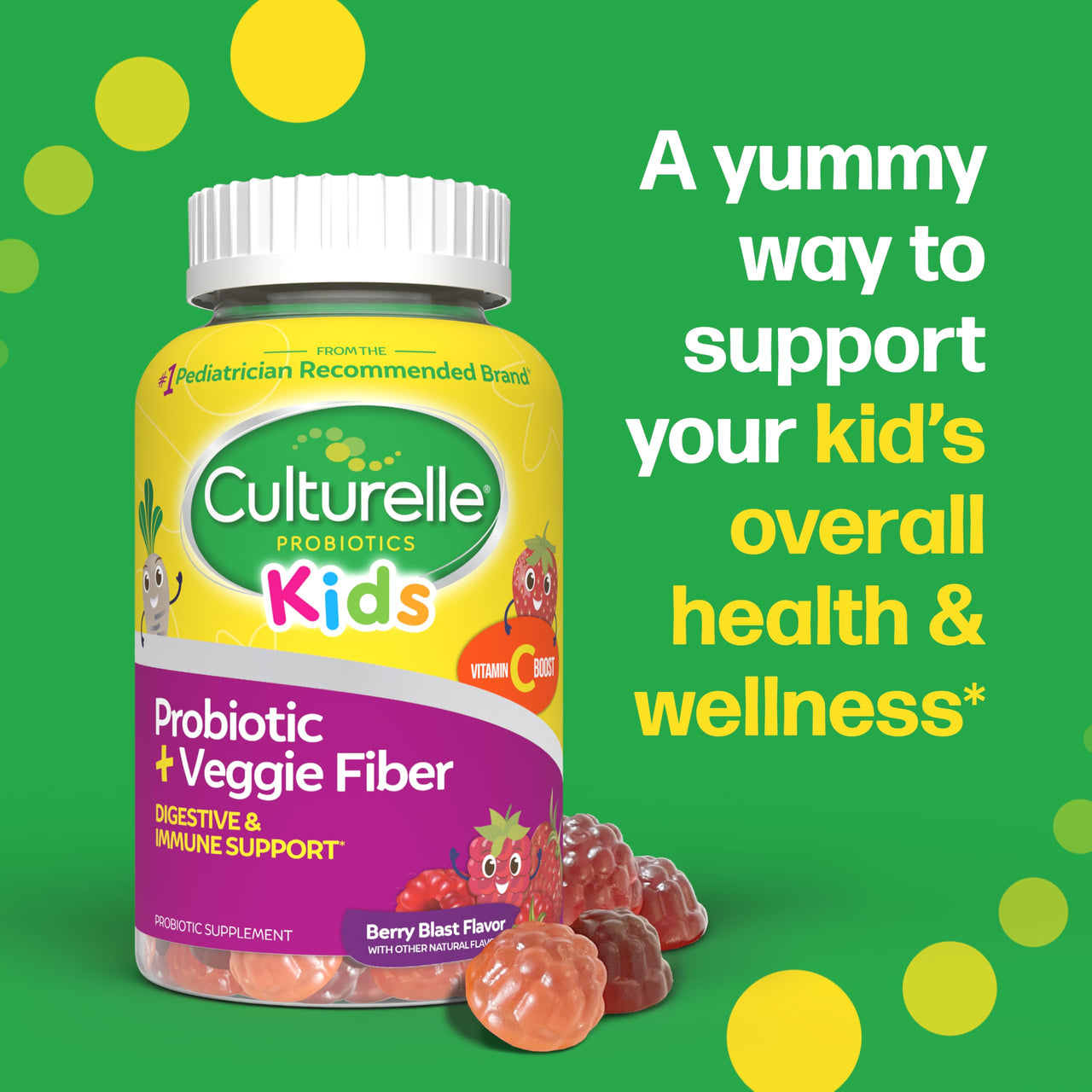 Culturelle Daily Probiotic For Kids + Veggie Fiber Gummies (Ages 3+) - 60 Count - Digestive Health & Immune Support – Berry Flavor with a Vitamin C Boost