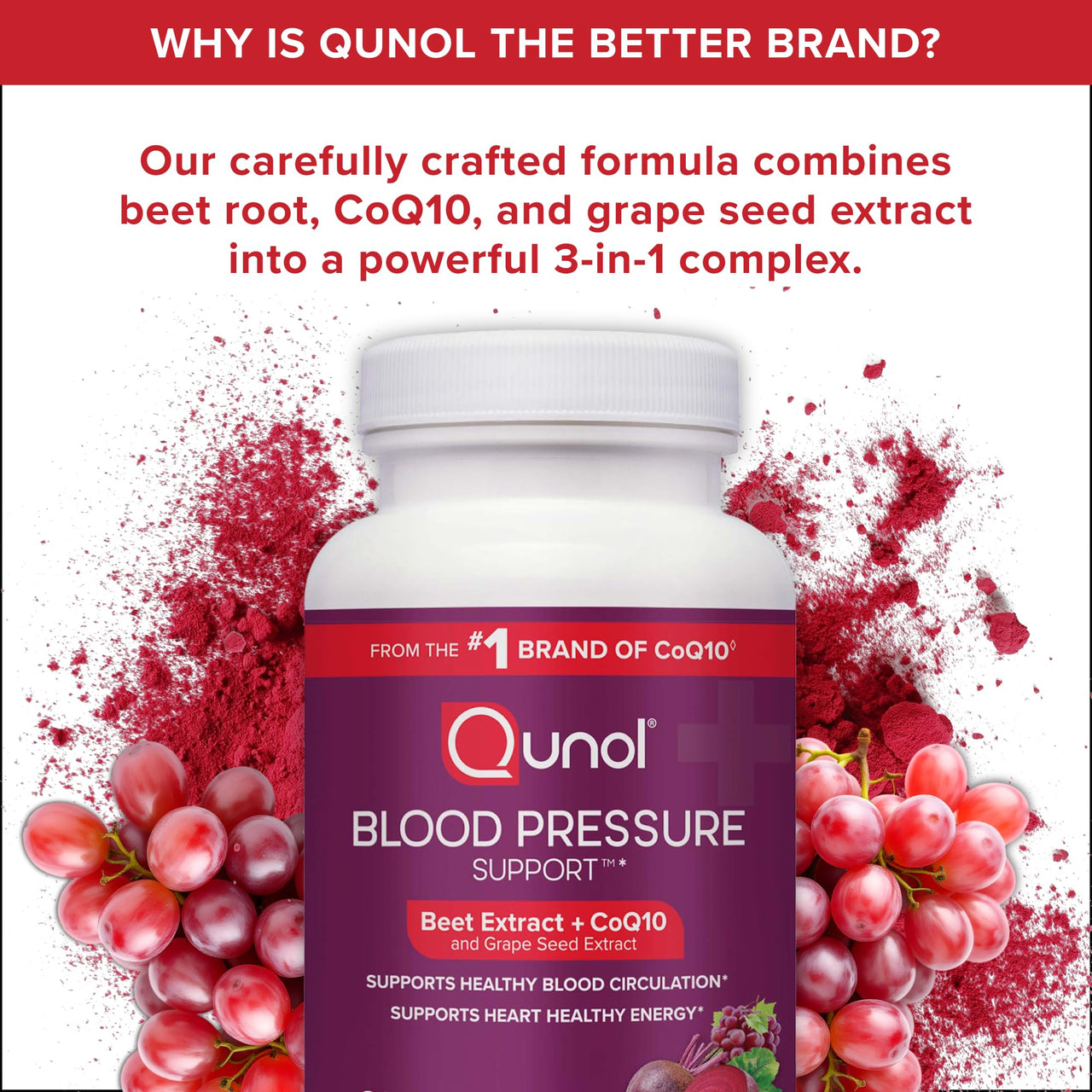 Qunol Blood Pressure Support, 3 in 1 Beets + CoQ10 + Grape Seed Extract, Beet Root Capsules that Supports Healthy Blood Circulation & Heart Healthy Energy, 60 Count (Pack of 2)