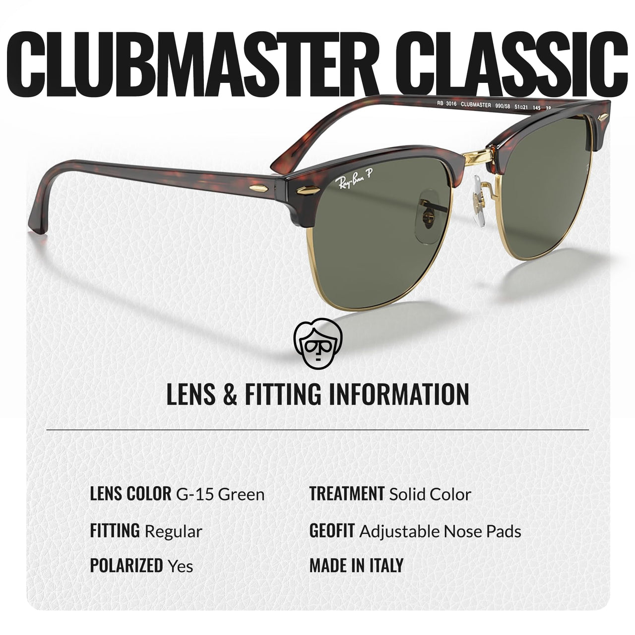 Ray-Ban RB3016 CLUBMASTER CLASSIC POLARIZED Square Shaped Sunglasses for Men & Women – Includes Official Rayban Eyewear Kit – Ideal Formal & Casual Wear Sunglasses – G-15 Green Lens
