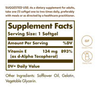 Thumbnail for Solgar Vitamin E 200 IU Alpha, 100 Softgels - Antioxidant, Healthy Aging, Healthy Skin, Immune System Support - Natural Source Vitamin E - Gluten Free, Dairy Free - 100 Servings
