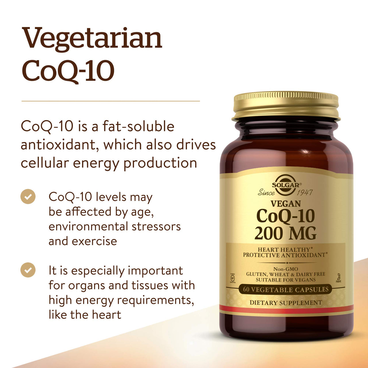 Solgar Vegetarian CoQ-10 200 mg, 60 Vegetable Capsules - Heart Healthy, Protective Antioxidant - Coenzyme Q10 (CoQ-10) Supplement - Vegan, Gluten Free, Dairy Free, Kosher - 60 Servings