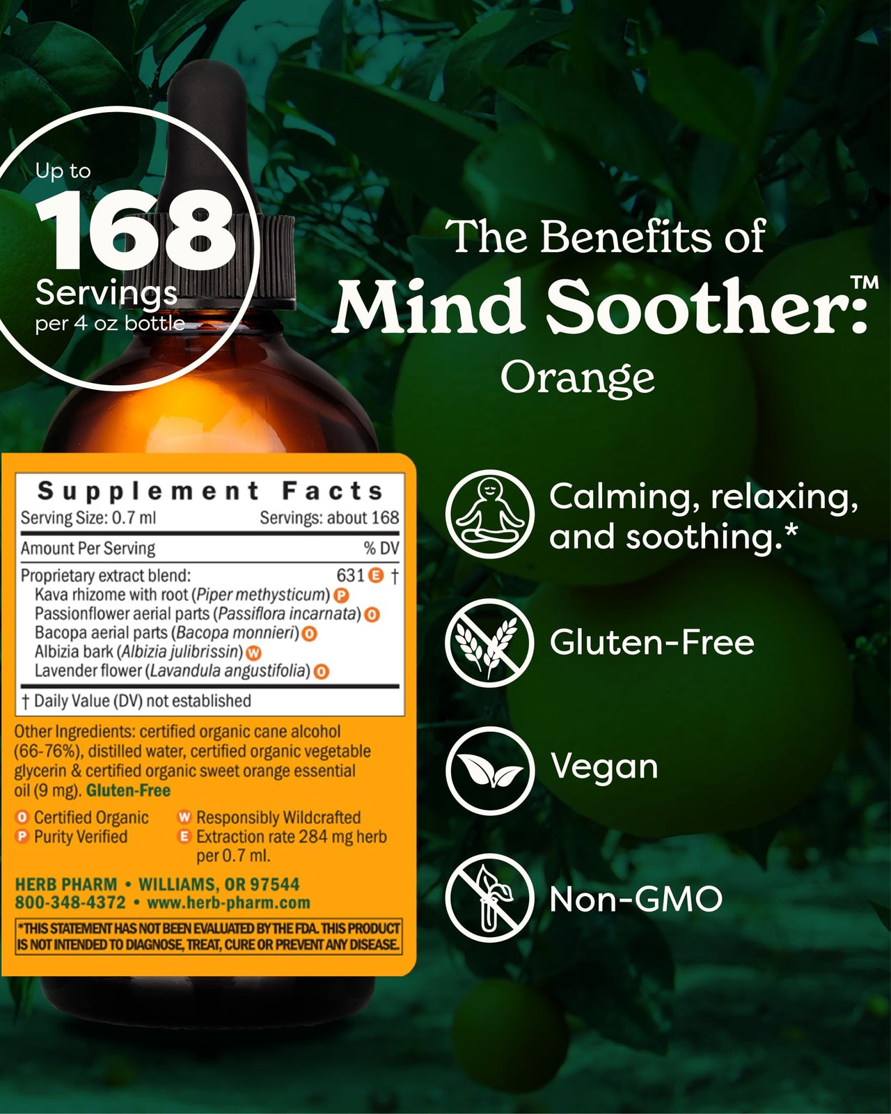 Herb Pharm Mind Soother: Orange Liquid Herbal Formula: ith Non-GMO Noble Kava & Sweet Orange Essential Oil, Stabilizing Support for Calm & Relaxation, Vegan, Gluten-Free, Up to ~3 Month Supply, 4 oz*