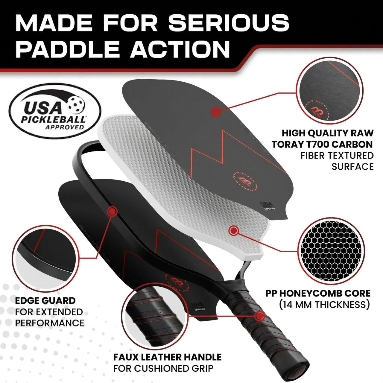 Precision Pro Premium T700 Carbon Fiber Pickleball Paddle- 14mm Pickleball Paddles Set of 2 w/Unique Design Handles & Indoor Outdoor Pickleball Balls - Comfortable Pickleball Paddle Grip, USA Approved