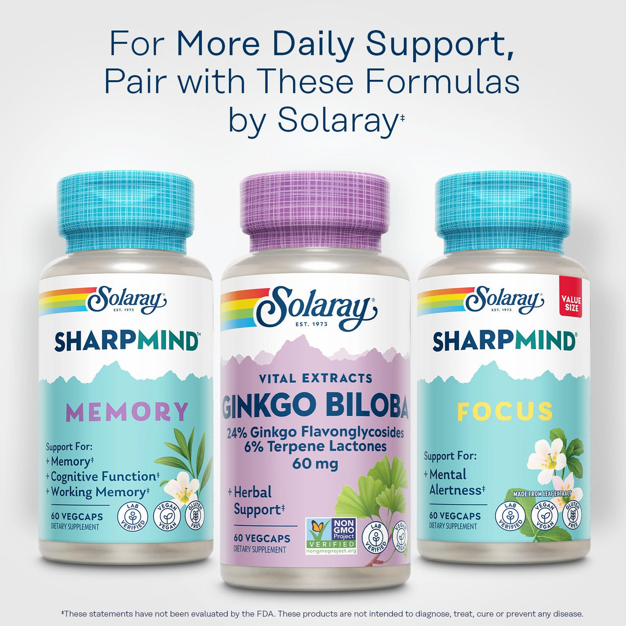 SOLARAY Ginkgo Biloba Extract, Vital Extracts - Brain Supplement - Ginkgo Biloba Capsules for Brain Health and Female Libido Support - Non GMO, Vegan, Gluten Free, 60-Day Guarantee - 60 Servings