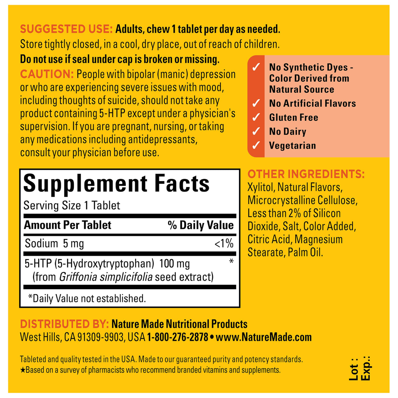 Nature Made Chewable 5HTP 100mg, 5-HTP Mood Support Supplement, 30 5 HTP Chewable Tablets, 30 Day Supply