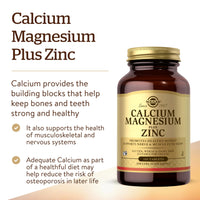 Thumbnail for Solgar Calcium Magnesium Plus Zinc, 100 Tablets - Promotes Healthy Bones and Teeth - Supports Nerve & Muscle Function - Non-GMO, Vegan, Gluten Free, Dairy Free, Kosher - 33 Servings