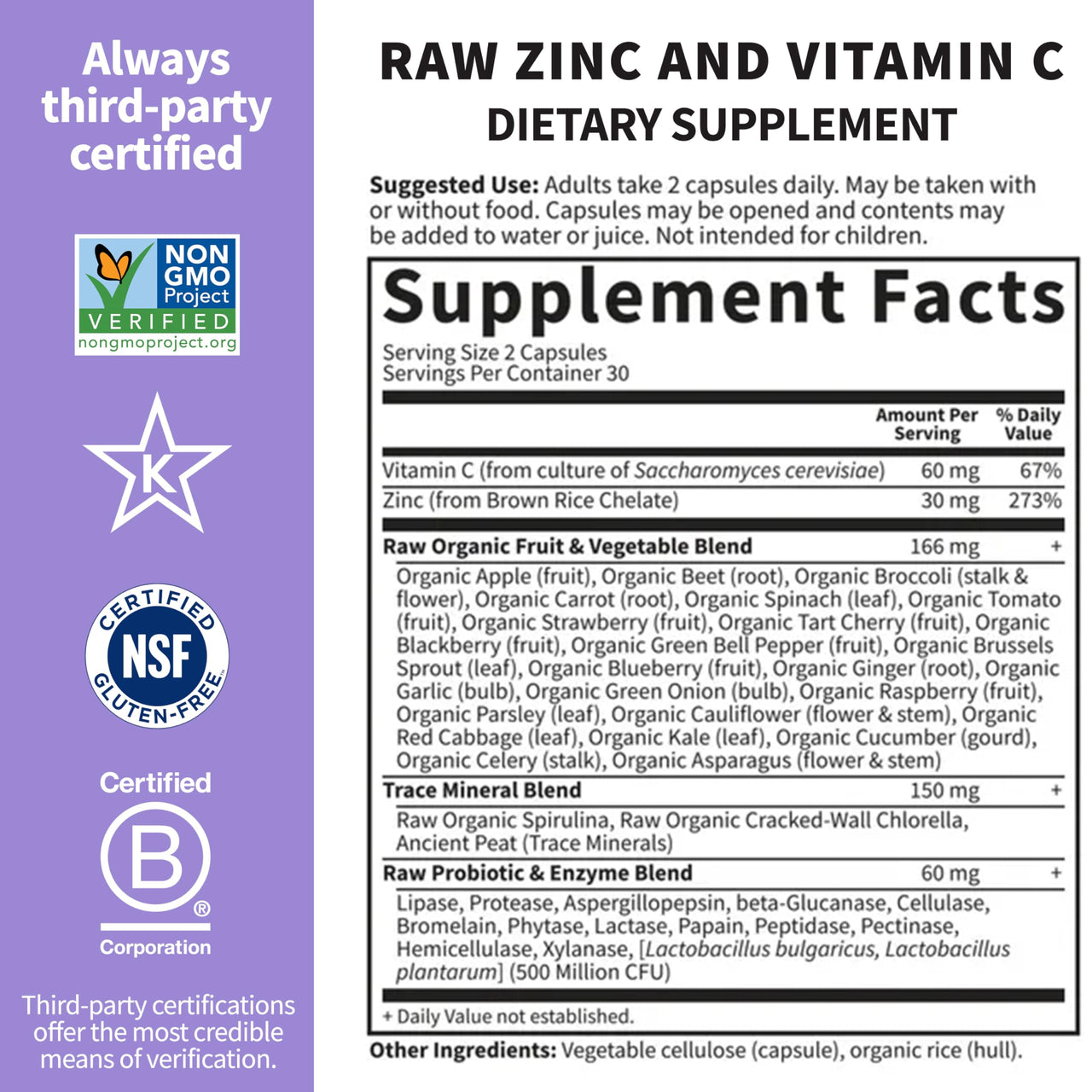 Garden of Life Zinc Supplements 30mg High Potency Raw Zinc and Vitamin C Multimineral Supplement, Vitamin Code Vitamins Trace Minerals & Probiotics for Skin Health & Immune Support, 60 Vegan Capsules