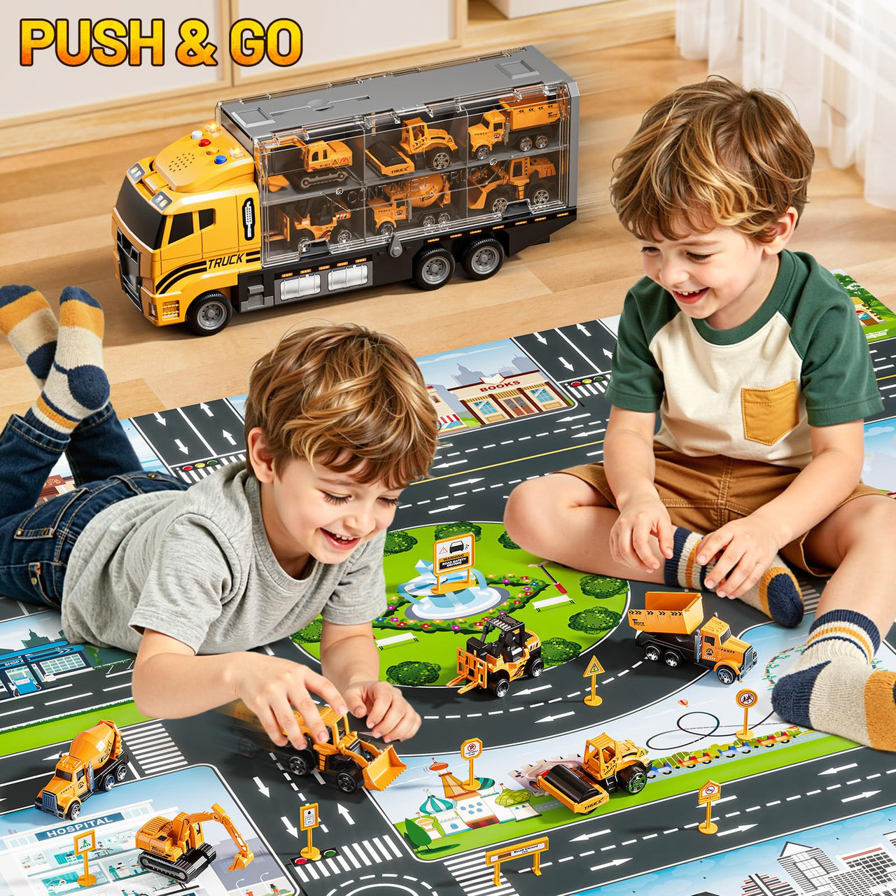 XINNOVEL Carrier Truck Toddlers Toys for 3 4 5 6 7 Years Old Boys, Toy Truck Transport Car & Die-Cast Car and Play Mat, Construction Toys Birthday Gifts for Kids 3 4 5 6 7 8+ Years Old Boys Girls