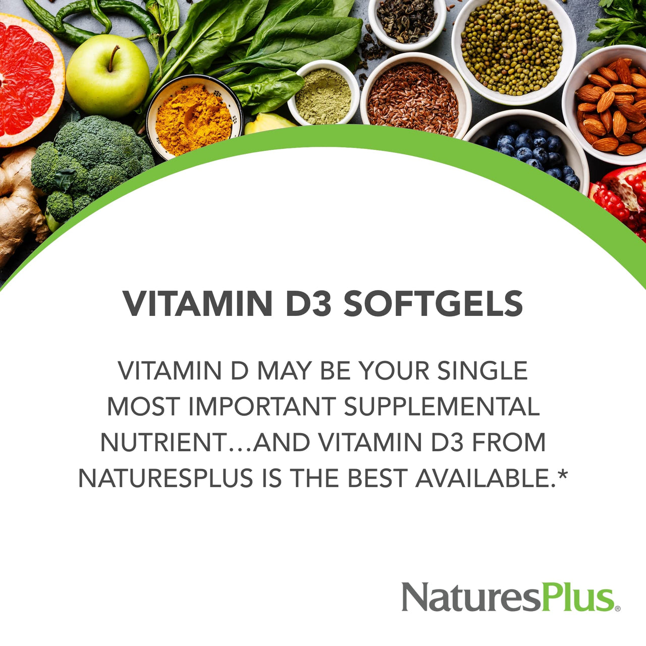 NaturesPlus Vitamin D3 1000 IU - 180 Softgels - Bone Strength & Immune Support - 180 Servings