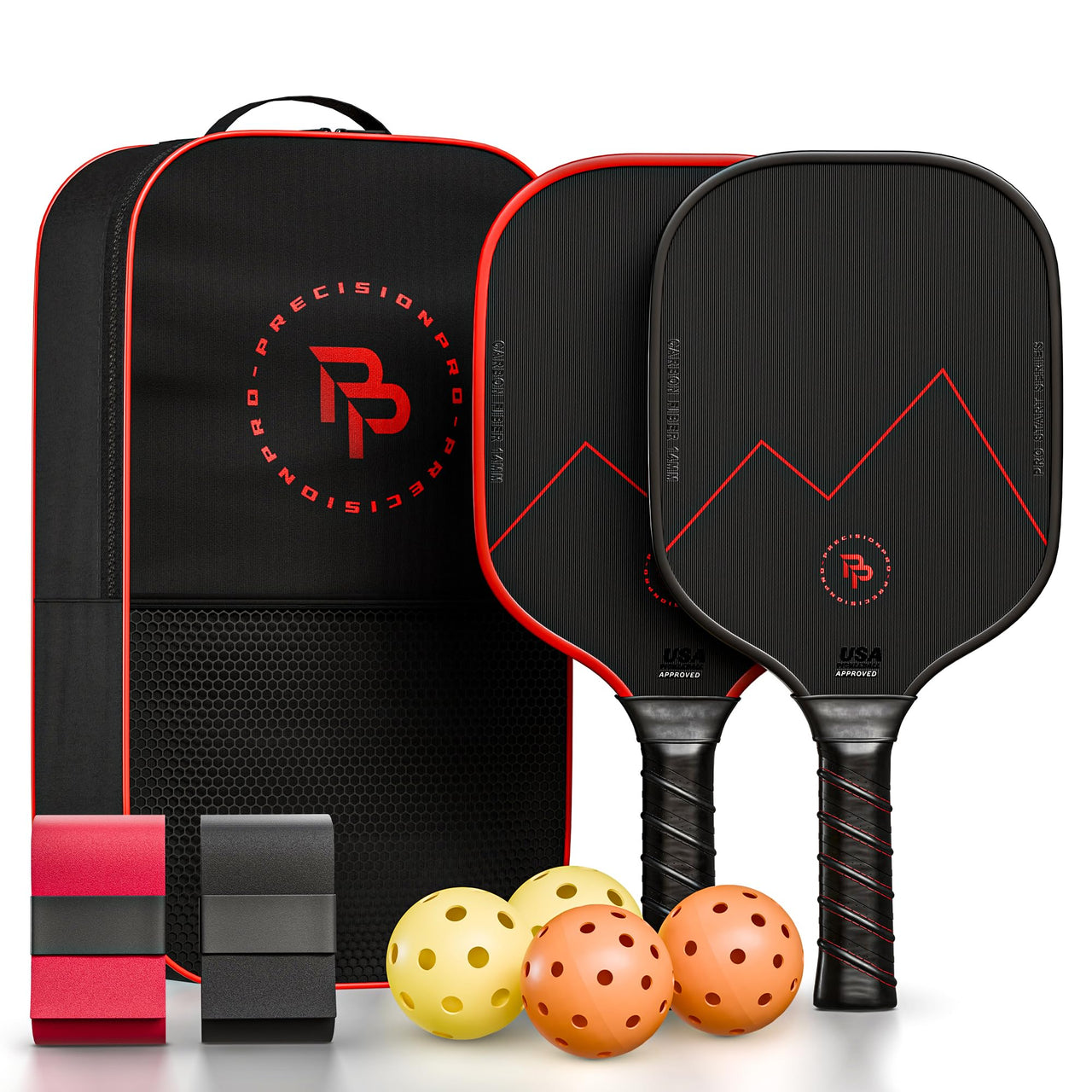 Precision Pro Premium Carbon Fiber Pickleball Paddle- 14mm Pickleball Paddles Set of 2 w/Unique Design Handles & Indoor Outdoor Pickleball Balls - Comfortable Pickleball Paddle Grip, USA Approved