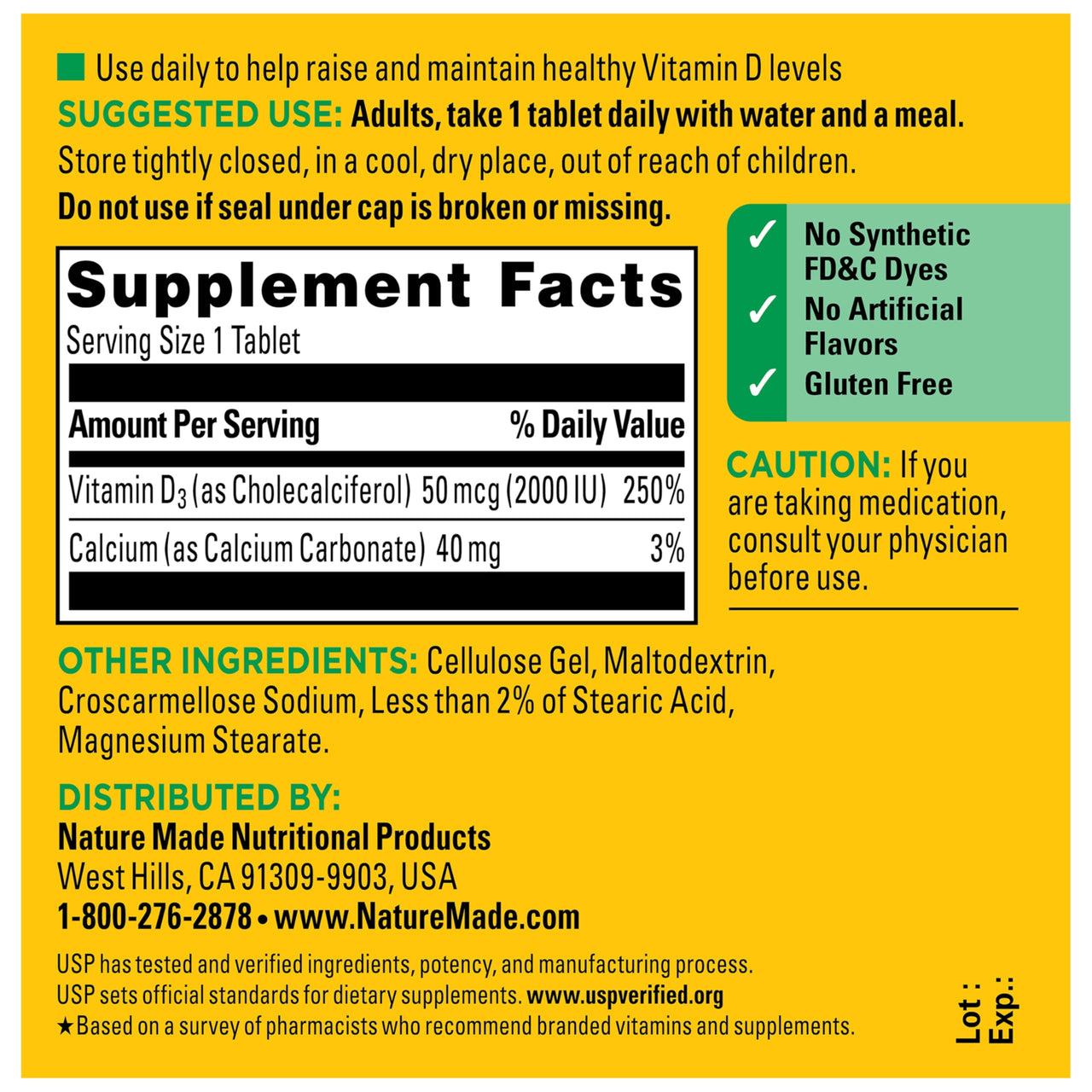 Nature Made Vitamin D3 2000 IU (50 mcg), Vitamin D Supplement for Bone, Teeth, Muscle and Immune Health Support, 100 Tablets, 100 Day Supply