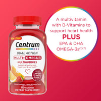 Thumbnail for Centrum MultiGummies Multi+ Omega 3 Dual Action, Adult Multivitamin, Multivitamin/Multimineral/Omega 3 Supplement, Strawberry/Lemon/Orange Flavors - 110 Count (Pack of 5)