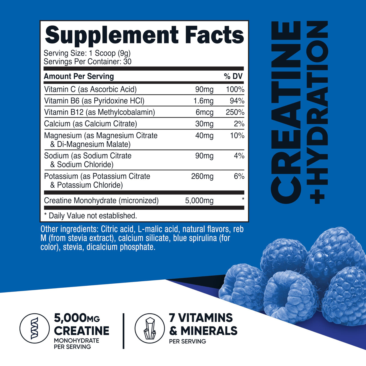 Nutricost Creatine Monohydrate + Hydration Blue Raspberry Flavored (30 Servings) - 7 Vitamins & Minerals, 5000mg of Creatine Per Serving