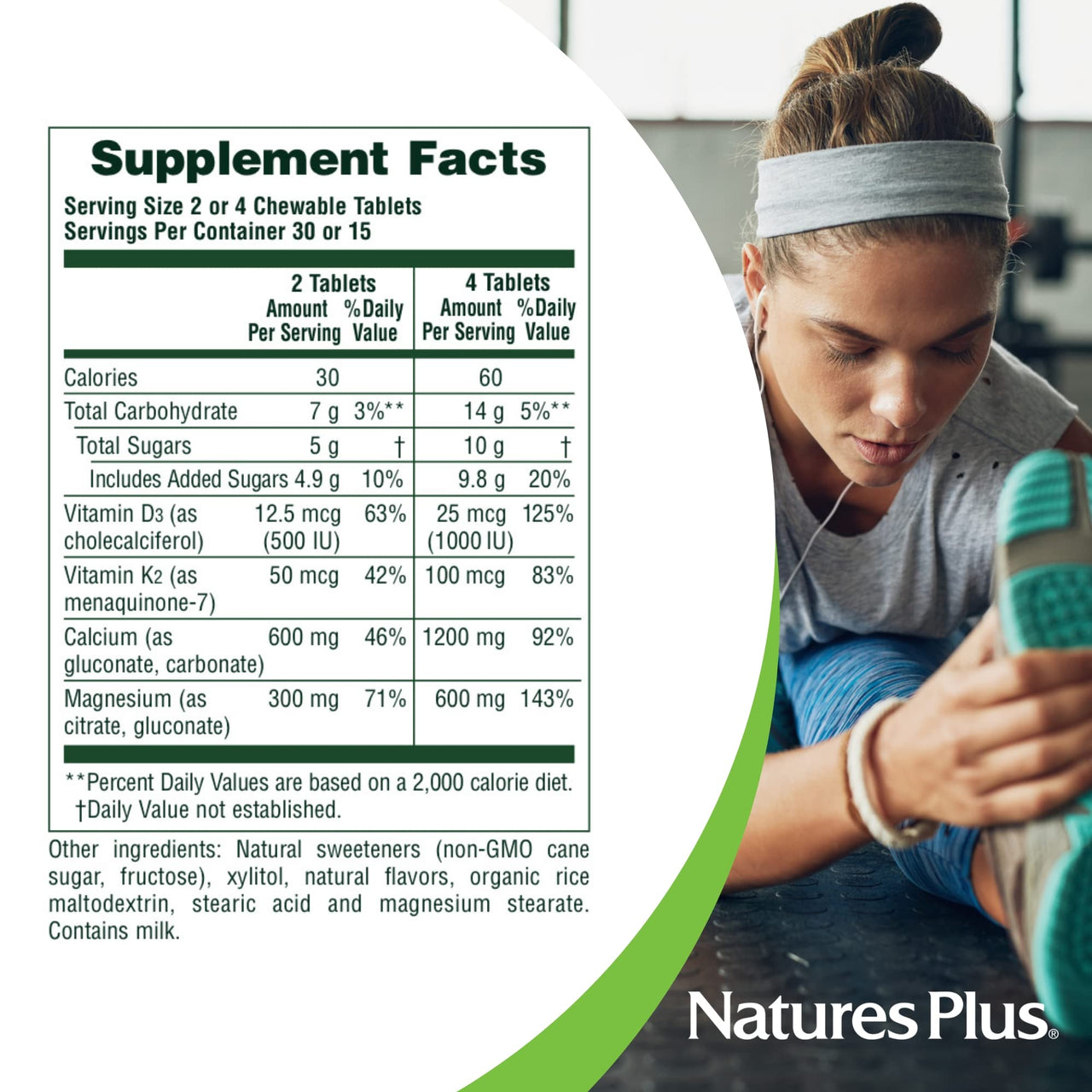 NaturesPlus Calcium/Magnesium/Vitamin D3 with Vitamin K2-60 Chewable Tablets - Supports Bone & Immune Health - Vanilla Flavor - Gluten Free - Up to 30 Servings