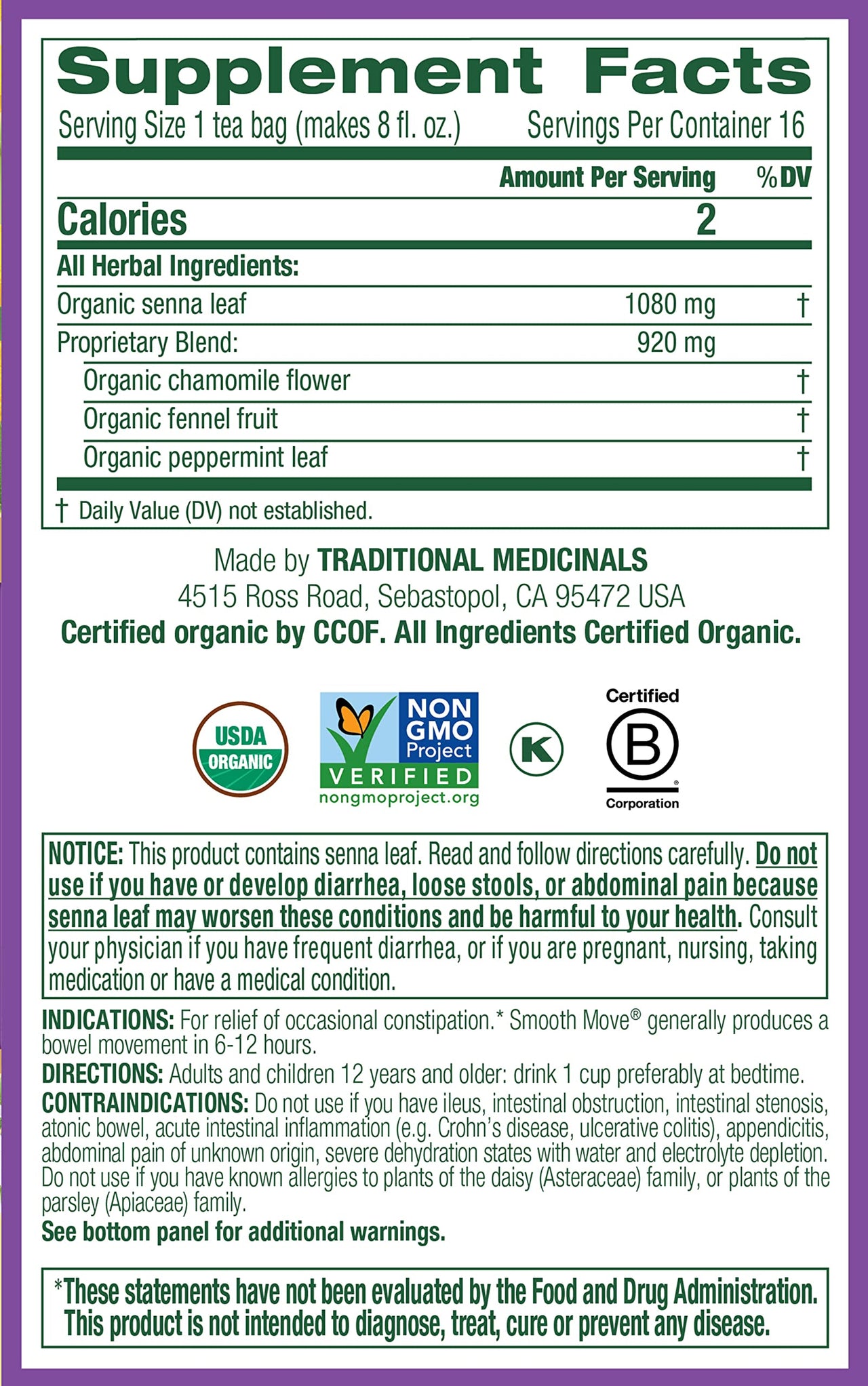 Traditional Medicinals Organic Smooth Move Senna Chamomile Herbal Tea, Relieves Occasional Constipation, (Pack of 1) - 16 Tea Bags