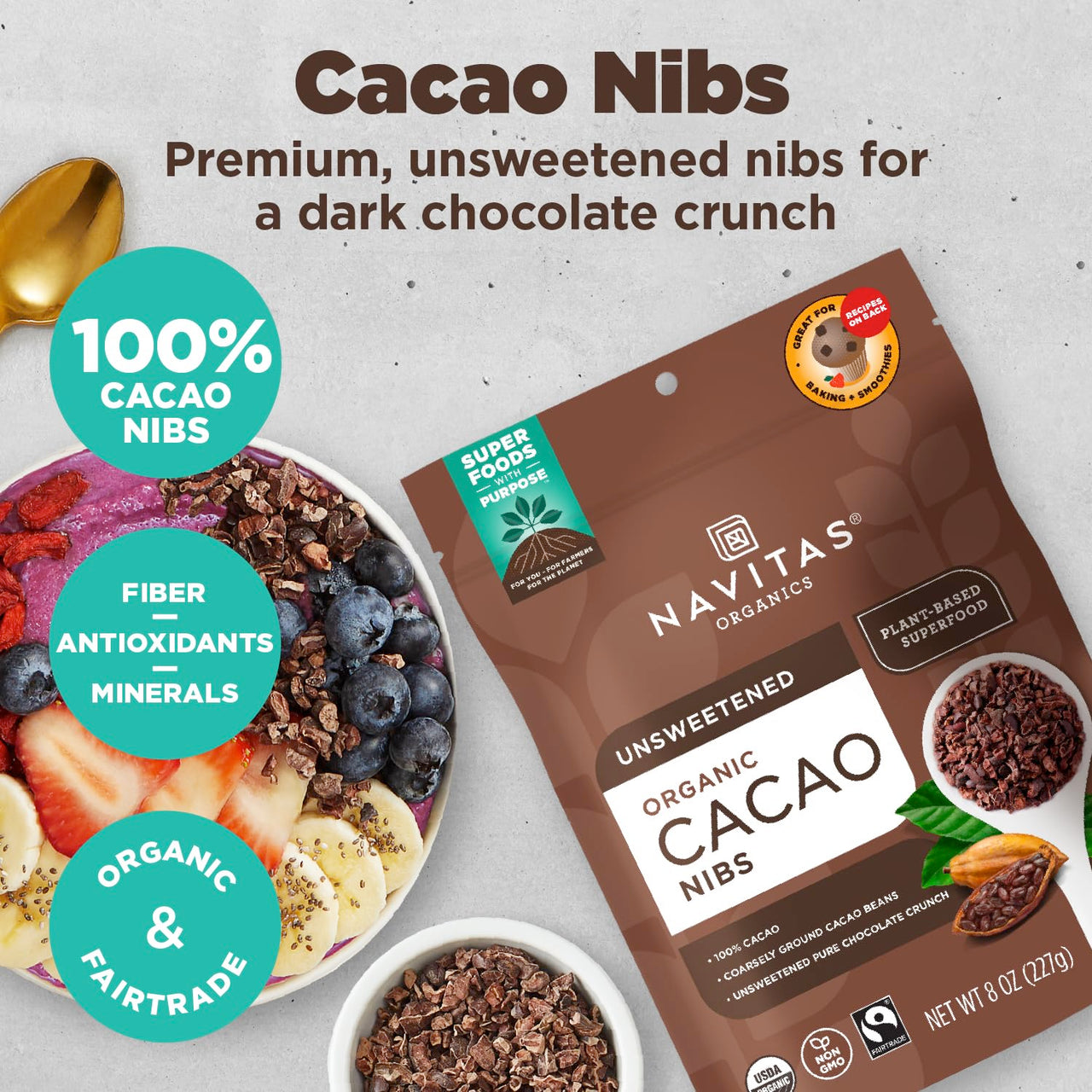 Navitas Organics Cacao Nibs â€“ Unsweetened Dark Chocolate Crunch â€“ Antioxidants, Minerals, Fiber â€“ For Trail Mix, Baking & More â€“ USDA Organic, Fairtrade, Non GMO, Gluten Free, Non-alkalized (8oz. Bag 76 Servings)