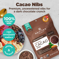 Thumbnail for Navitas Organics Cacao Nibs â€“ Unsweetened Dark Chocolate Crunch â€“ Antioxidants, Minerals, Fiber â€“ For Trail Mix, Baking & More â€“ USDA Organic, Fairtrade, Non GMO, Gluten Free, Non-alkalized (8oz. Bag 76 Servings)
