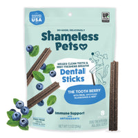 Thumbnail for Shameless Pets Blueberry & Mint Dental Chews for Dogs, 8 Chews - Natural Dog Teeth Cleaning Treats with Fresh Breath Benefits | Grain-Free Dental Sticks for Small, Medium & Large Dogs