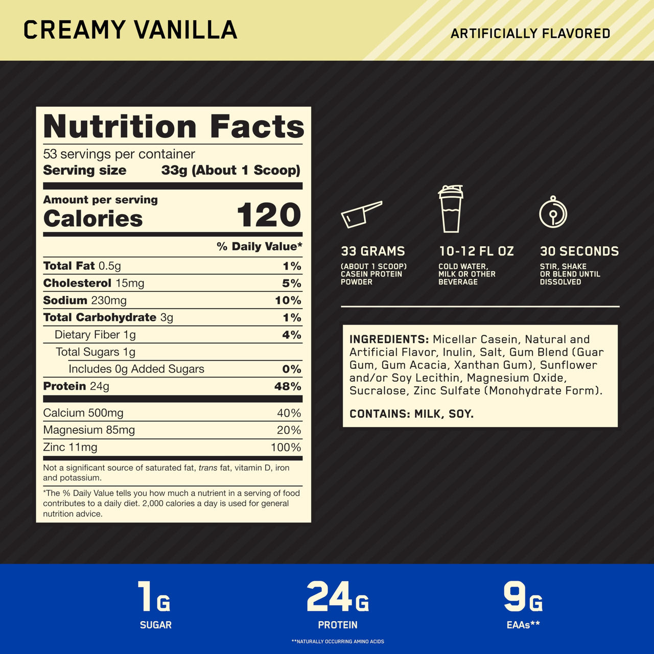 Optimum Nutrition Gold Standard 100% Micellar Casein Protein Powder, Slow Digesting, Helps Keep You Full, Overnight Muscle Recovery, Creamy Vanilla, 4 Pound (Packaging May Vary)