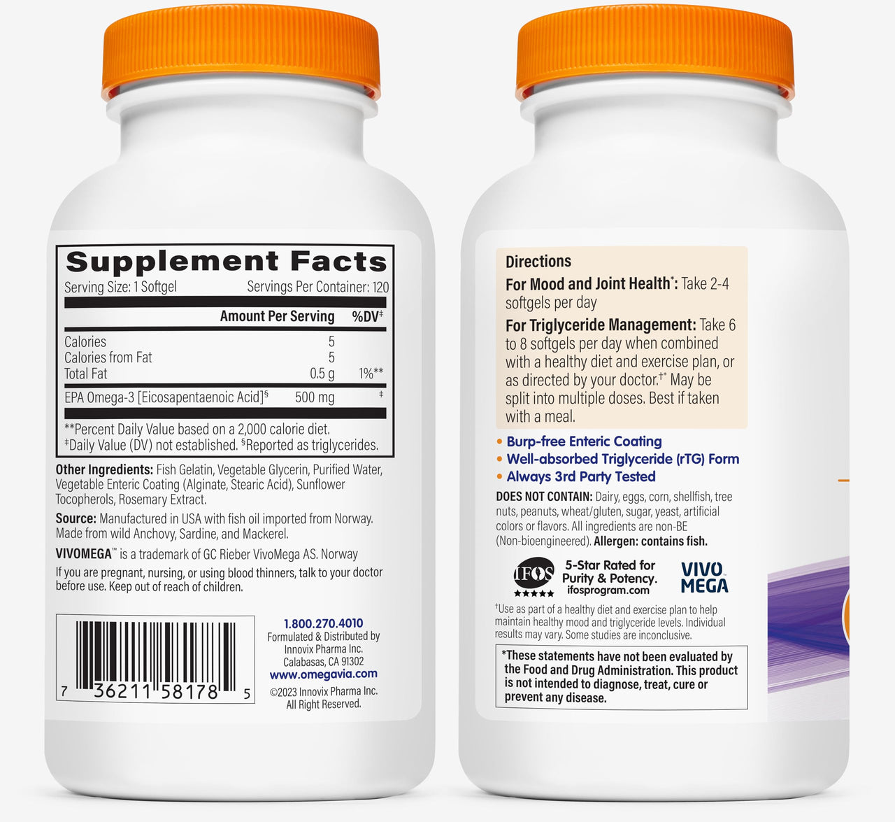 OmegaVia EPA 500, Purified Omega-3 Fish Oil Supplement, 500 mg EPA in Triglyceride Form, Burpless Fish Oil, Non-GMO, Gluten-Free, IFOS 5-Star, 120 Softgels