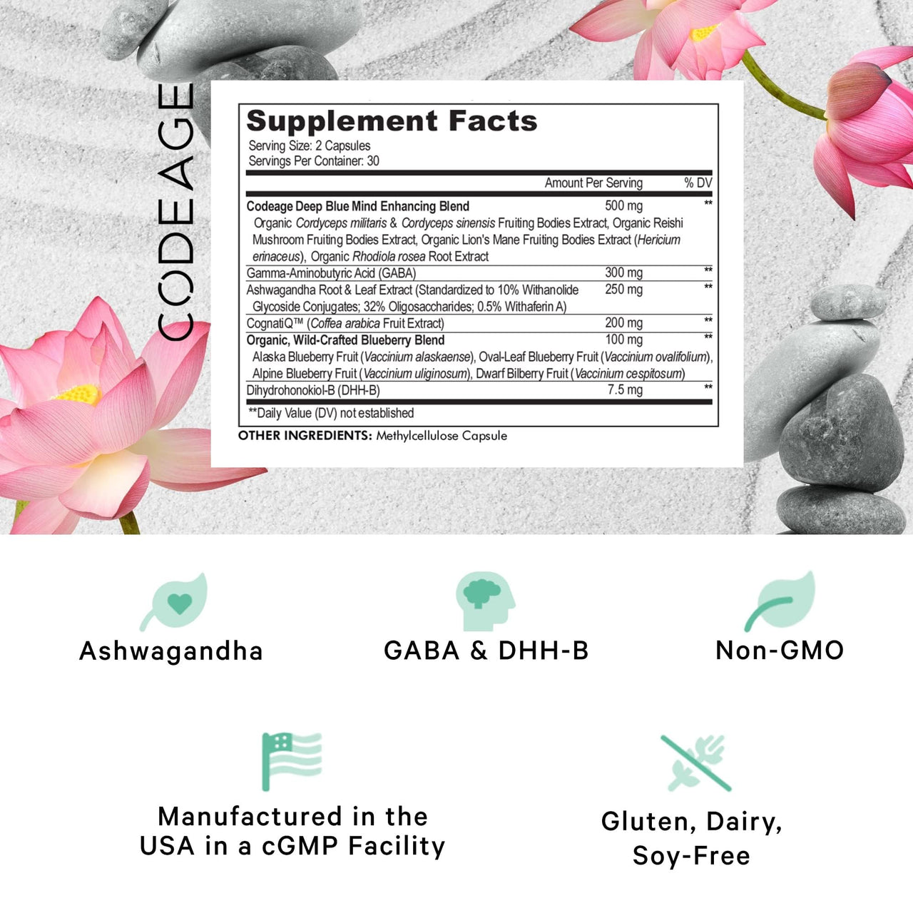 Codeage Meditate Vitamins+ Supplement - CognatiQ, DHH-B, GABA, Ashwagandha, Organic Mushrooms, Blueberries - BDNF Brain Pills and Neuroprotein - Vegan, Non-GMO, Gluten-Free - 60 Capsules