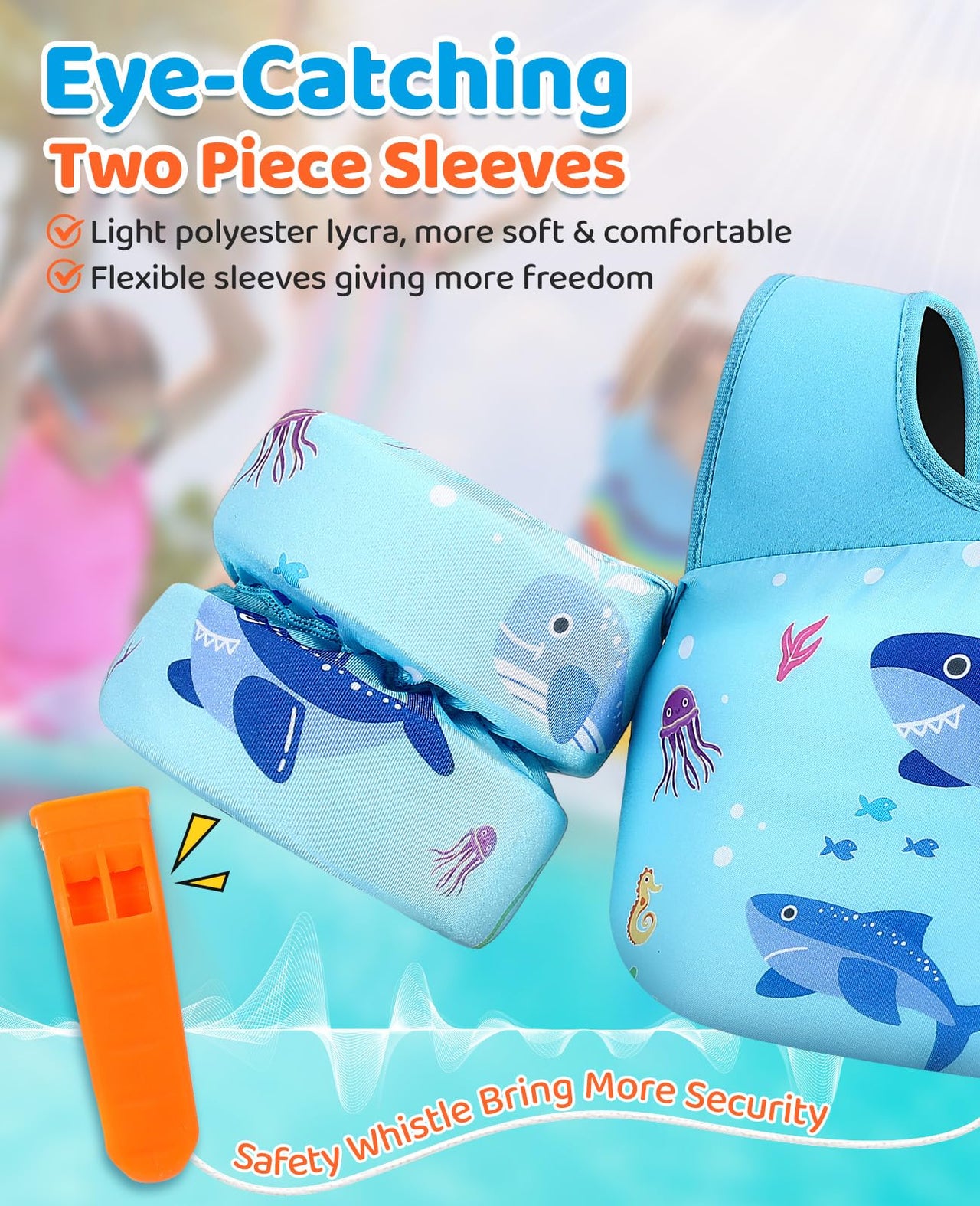 HeySplash Swim Vest for Kids, Toddler Pool Floaties Fit 33-66 Lbs, Children Swimming Vest with Adjustable Strap, Swim Jacket Water Wing Arm Float, Puddle Beach Boat Jumper Boy Girl,Blue Shark