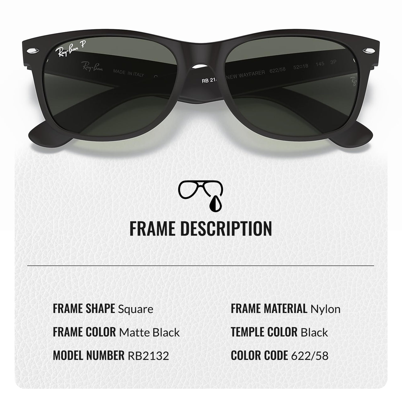 Ray-Ban RB2132 NEW WAYFARER Classic Polarized Square Shape Sunglasses With Eyewear Kit Bundle - High Bridge Fit - Casual Wear Square Sunglasses