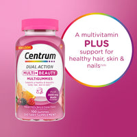 Thumbnail for Centrum MultiGummies Multi+ Beauty Dual Action Multivitamin, Specially Designed with Biotin for Healthy Hair, Skin and Nails, Cherry/Berry/Orange Flavors - 100 Count