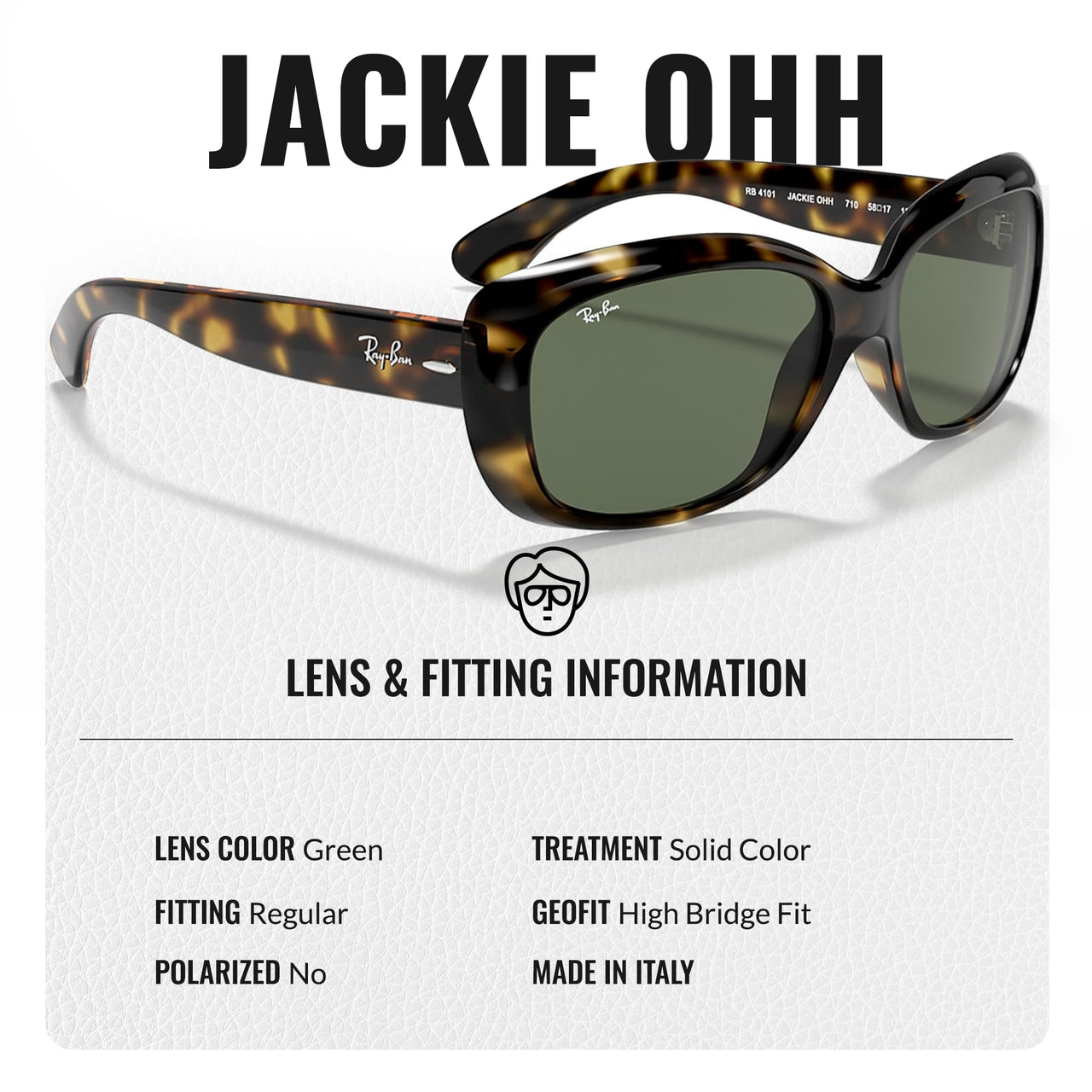 Ray-Ban RB4101 JACKIE OHH Butterfly Shaped Non-Polarized Sunglasses for Women – Includes Official RAYBAN Eyewear Kit – Ideal Formal & Casual Wear Sunglasses – Green Lens