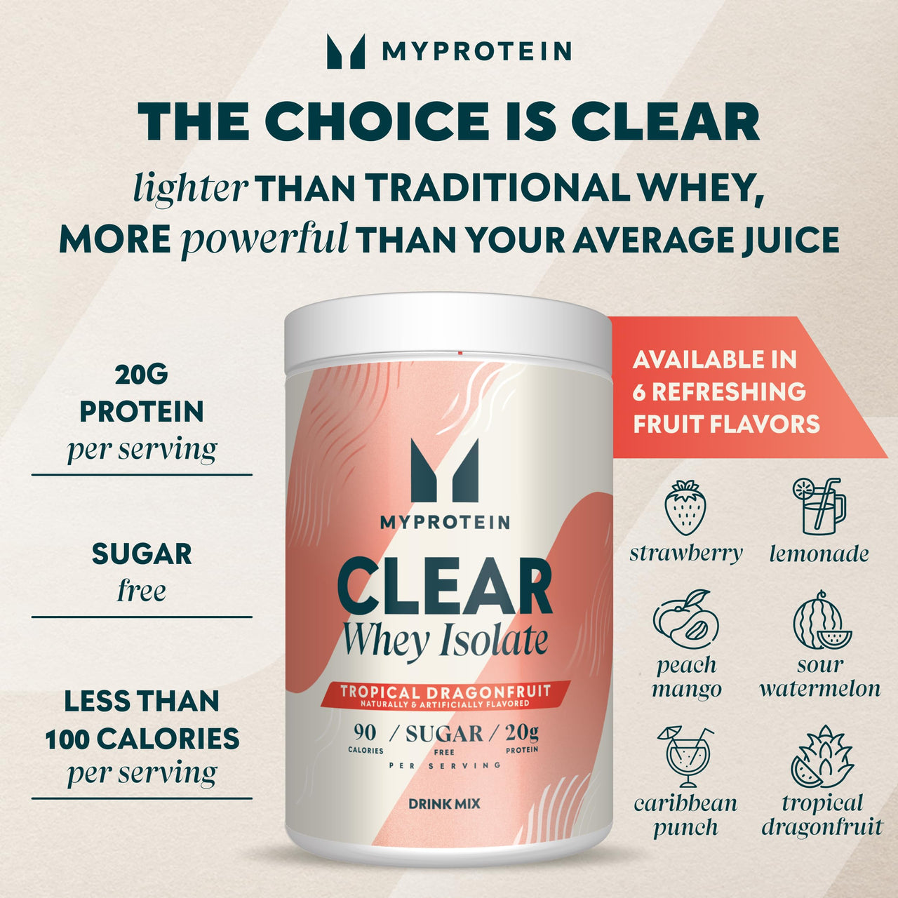 Myprotein Clear Whey Isolate Protein Powder, 20 Servings (1.1lbs) Tropical Dragonfruit, 20g Protein per Serving, Naturally Flavored Drink Mix, Daily Protein Intake for Superior Performance