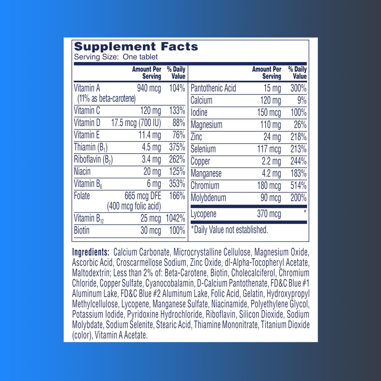 One A Day Menâ€™s 50+ Multivitamins, Supplement with A, C, D, E and Zinc for Immune Health*, Calcium & More, 100 Tablets