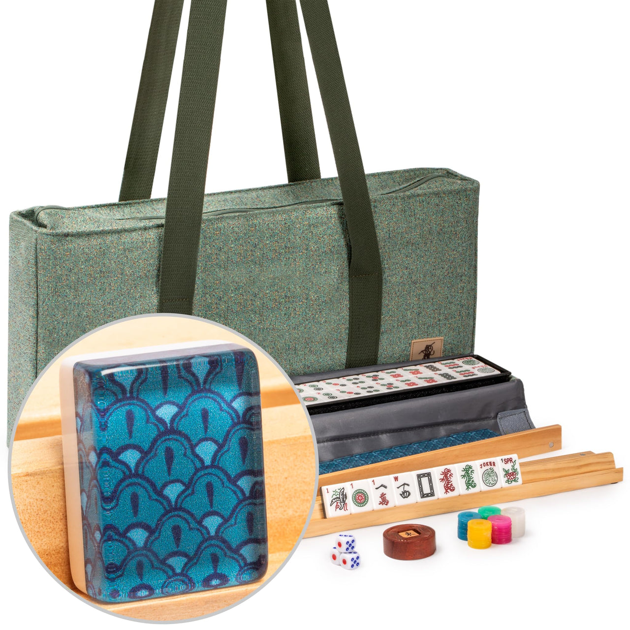 Yellow Mountain Imports American Mahjong Set, “Atlantica” with Fabric Case, 4 Wooden Pusher Racks, Wind Indicator, Dice & Wright Patterson Count Scoring Coins