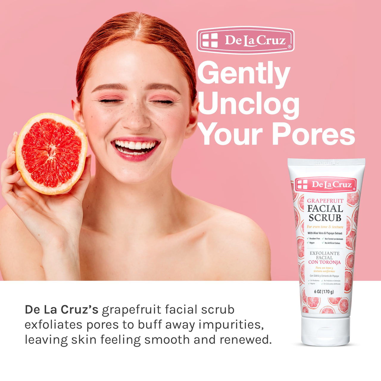 De La Cruz Grapefruit Facial Scrub - Face Exfoliator Scrub with Vitamin E, Papaya and Aloe Vera (6 Ounce (Pack of 1))