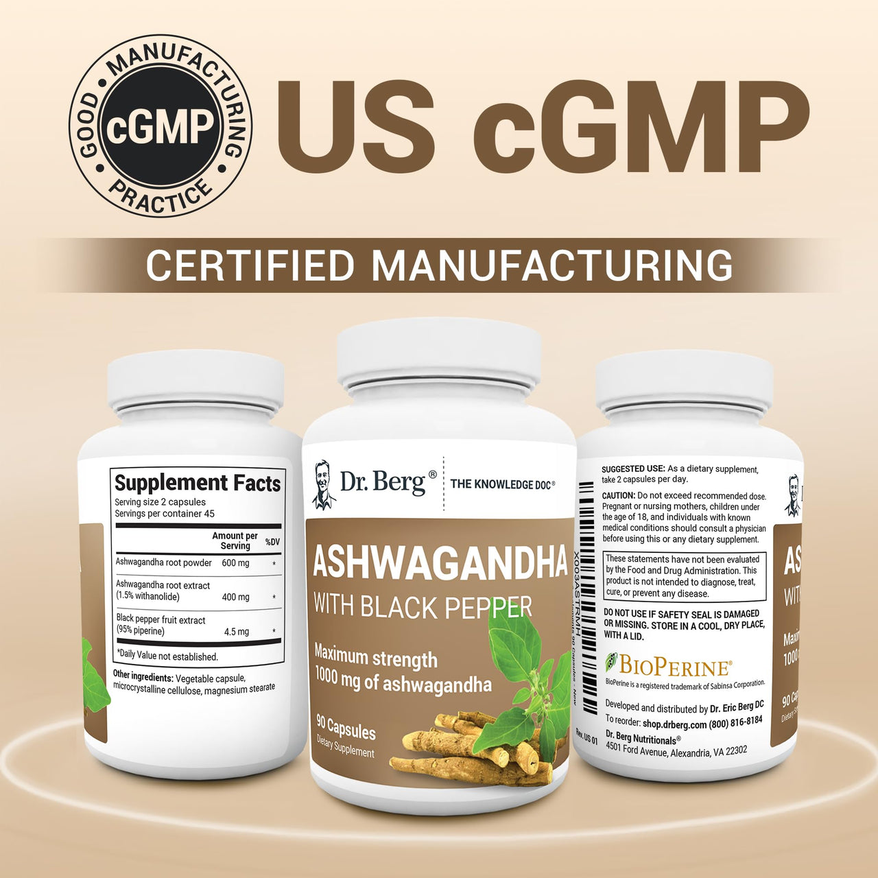 Dr. Berg Ashwagandha Capsules 1000mg - Includes Ashwagandha Root with Black Pepper from Bioperine - Ashwagandha Supplements 90 Capsules