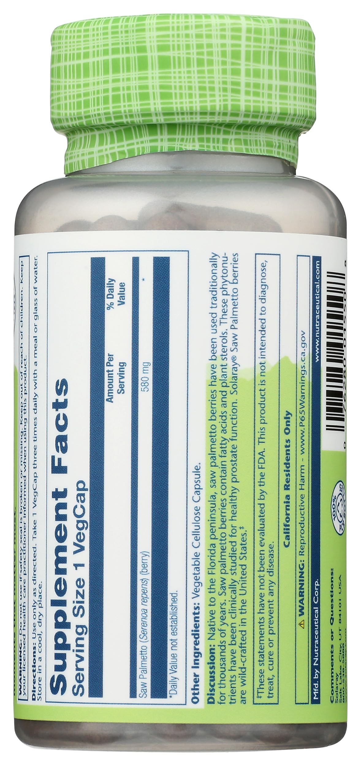 SOLARAY Saw Palmetto Berry 580 mg, Healthy Prostate and Urinary Tract Support from Fatty Acids & Plant Sterols for Men and Women, Non-GMO, Vegan & Lab Verified, 100 VegCaps, 100 Servings