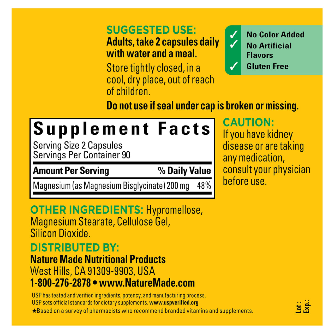Nature Made Magnesium Glycinate 200 mg per serving, Magnesium Supplement for Muscle, Heart, Nerve and Bone Support, 180 Magnesium Bisglycinate Capsules, 90 Day Supply